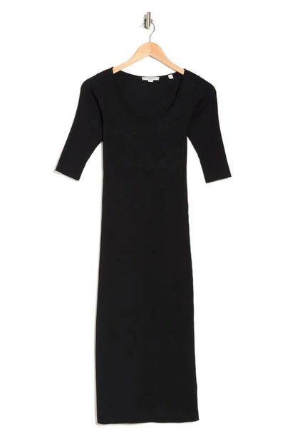 Shop Vince Scoop Neck Elbow Length Sleeve Rib Dress In Black