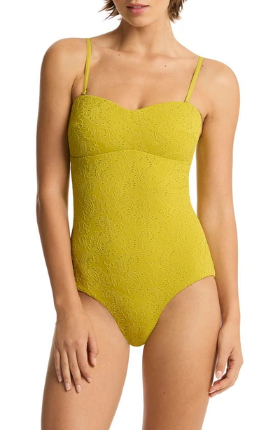 Shop Sea Level Interlace Seamless Bandeau One-piece Swimsuit In Chartreuse