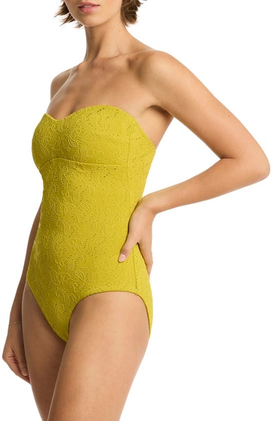 Shop Sea Level Interlace Seamless Bandeau One-piece Swimsuit In Chartreuse
