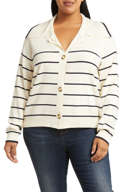 Shop By Design Hadley Stripe Button Front Cardigan In Gardenia/ Navy Blazer