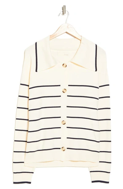 By Design Hadley Stripe Button Front Cardigan In Gardenia/ Navy Blazer