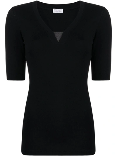 Shop Brunello Cucinelli Cotton Blend V-neck T-shirt In Black