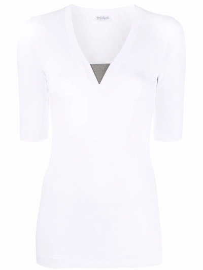 Shop Brunello Cucinelli Cotton Blend V-neck T-shirt In White