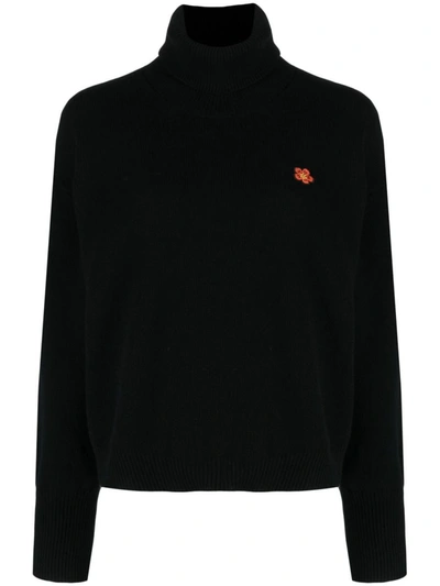 Kenzo Boke Flower Turtleneck Wool Sweater In Black