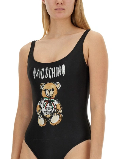 Shop Moschino "drawn Teddy Bear" One-piece Swimsuit In Black