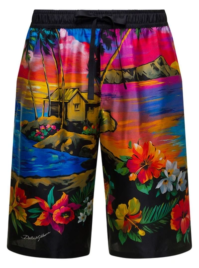 Shop Dolce & Gabbana Multicolor Bermuda Shorts With All-over Hawaiian Print And Drawstrig In Silk Man