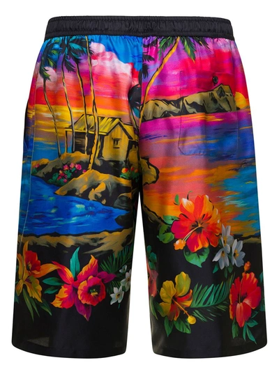 Shop Dolce & Gabbana Multicolor Bermuda Shorts With All-over Hawaiian Print And Drawstrig In Silk Man