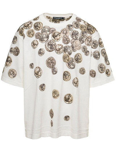 Shop Dolce & Gabbana White Oversized T-shirt With All-over 'monete' Print In Cotton Man In Beige