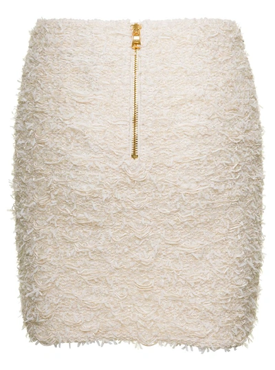 Shop Balmain White Tweed High-waisted Miniskirt With Pockets In Cotton Blend Woman