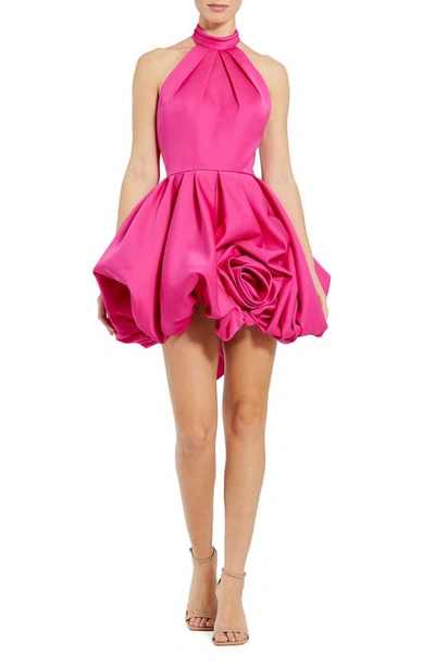 Shop Ieena For Mac Duggal Rosette Detail Halter Neck Cocktail Minidress In Fuchsia