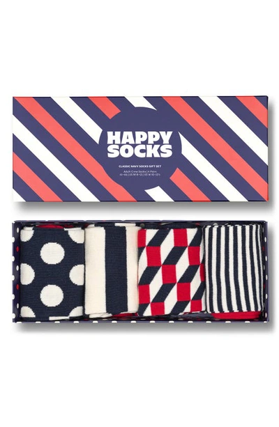 Shop Happy Socks Classic Dot & Stripe 4-pack Cotton Blend Crew Socks Gift Set In Navy