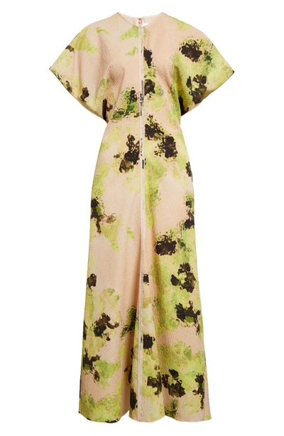 Shop Victoria Beckham Floral Print Drape Shoulder Cloqué Dress In Peach/ Lime