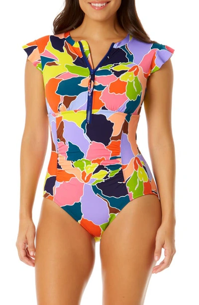 Shop Anne Cole Flutter Sleeve Quarter-zip One-piece Swimsuit In Purple Multi