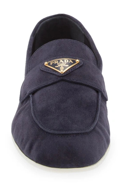 Shop Prada Logo Suede Loafer In Navy