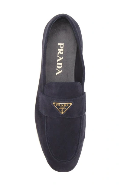 Shop Prada Logo Suede Loafer In Navy