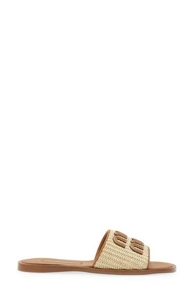 Shop Miu Miu Logo Raffia Slide Sandal In Natural