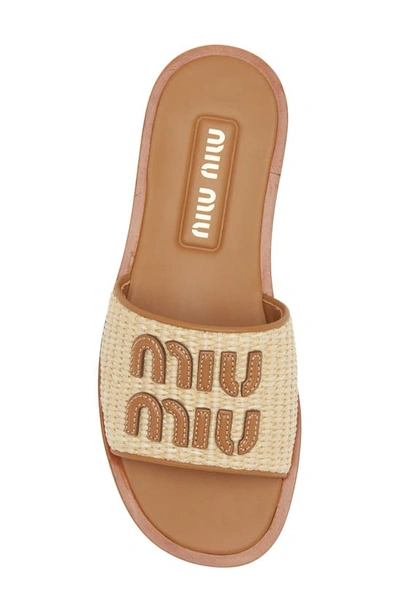 Shop Miu Miu Logo Raffia Slide Sandal In Natural