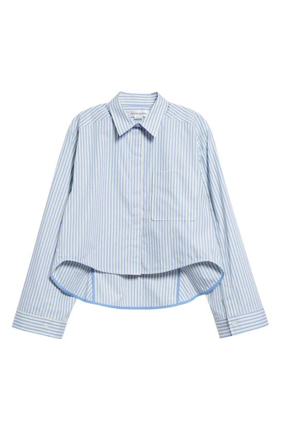Shop Victoria Beckham Stripe Crop High-low Organic Cotton Button-up Shirt In Chamomile/ Oxford Blue