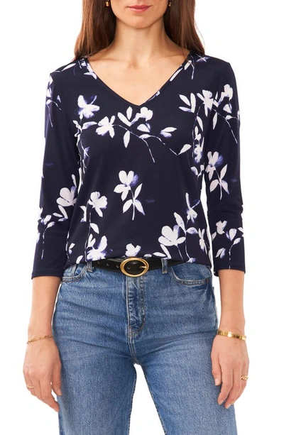 Shop Vince Camuto Floral V-neck Cutout Top In Classic Navy