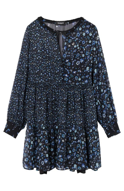 Shop Desigual Short Floral Chiffon Dress In Blue