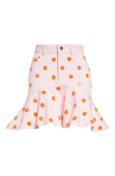 Shop Area Polka Dot Ruffle Denim Miniskirt In Powder Pink