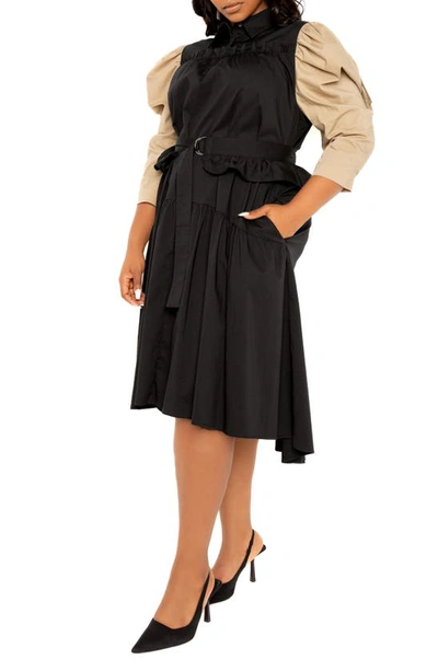 Shop Buxom Couture Contrast Puff Shoulder Dress In Black