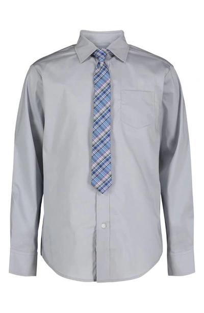 Shop Izod Kids' Cotton Poplin Long Sleeve Button-up Shirt & Tie Set In Light Grey