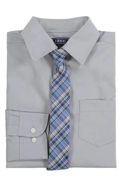 Shop Izod Kids' Cotton Poplin Long Sleeve Button-up Shirt & Tie Set In Light Grey