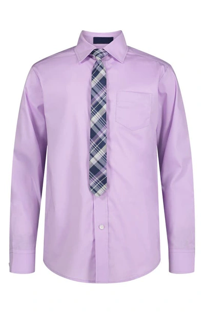 Shop Izod Kids' Cotton Poplin Long Sleeve Button-up Shirt & Tie Set In Lavendula
