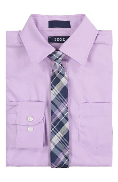 Shop Izod Kids' Cotton Poplin Long Sleeve Button-up Shirt & Tie Set In Lavendula