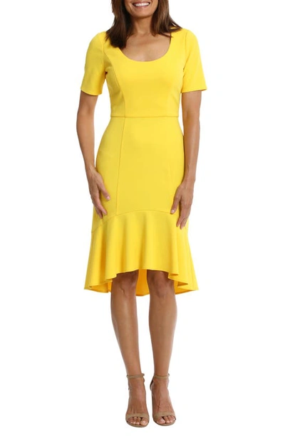 Shop London Times Short Sleeve Flounce Hem Scuba Midi Dress In Yellow
