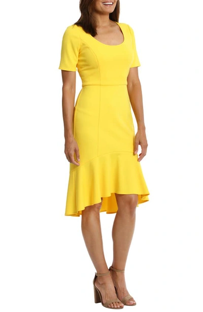 Shop London Times Short Sleeve Flounce Hem Scuba Midi Dress In Yellow