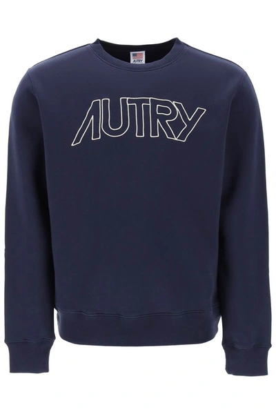 Shop Autry Crew Neck Sweatshirt With Logo Embroidery In Blue