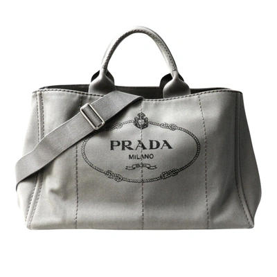 Shop Prada Canapa Grey Canvas Shopper Bag ()