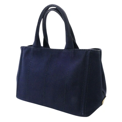 Shop Prada Canapa Navy Canvas Shopper Bag ()