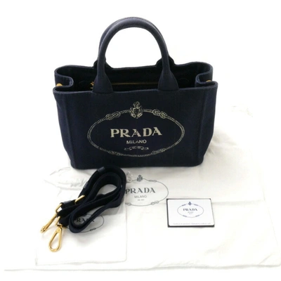 Shop Prada Canapa Navy Canvas Shopper Bag ()