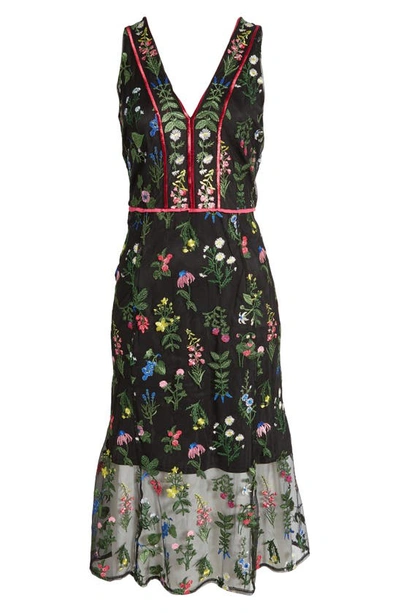 Shop Sam Edelman Botanical Embroidered Semisheer Sleeveless Dress In Black Multi