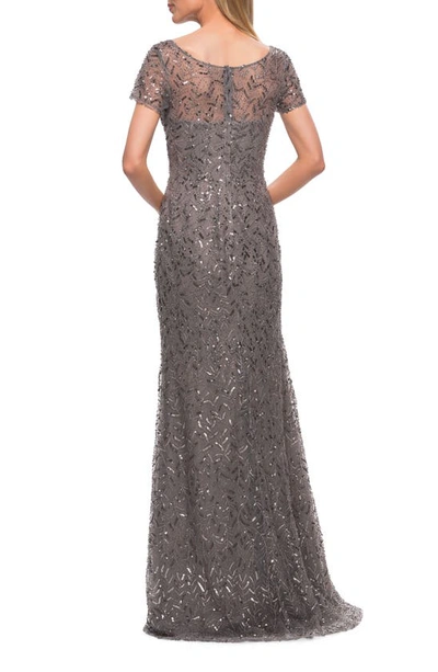 Shop La Femme Sequin Short Sleeve Sheath Gown In Taupe Grey/ Silver