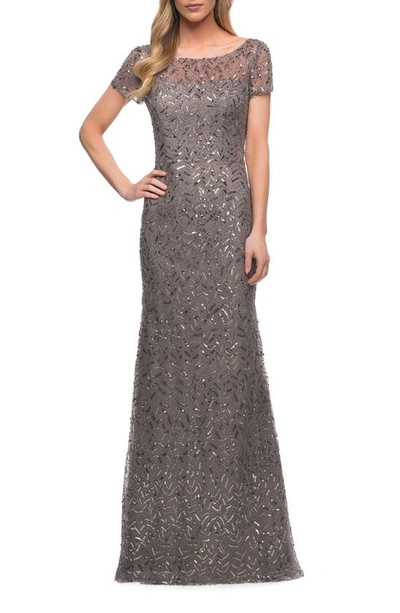 Shop La Femme Sequin Short Sleeve Sheath Gown In Taupe Grey/ Silver