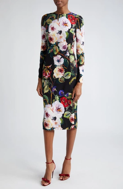 Shop Dolce & Gabbana Floral Print Long Sleeve Charmeuse Sheath Dress In Nero