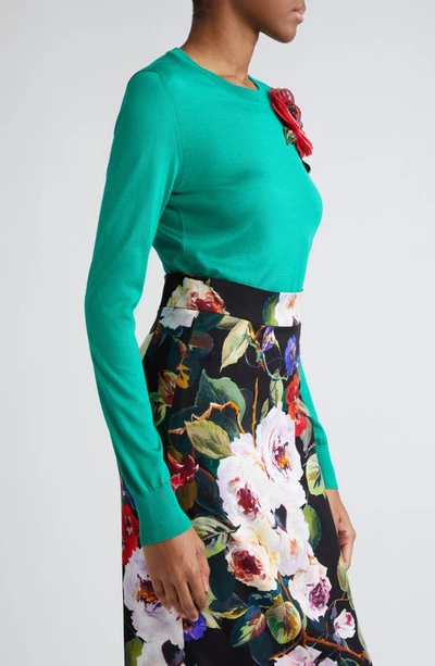 Shop Dolce & Gabbana Rose Detail Silk Crewneck Sweater In Verde Intenso