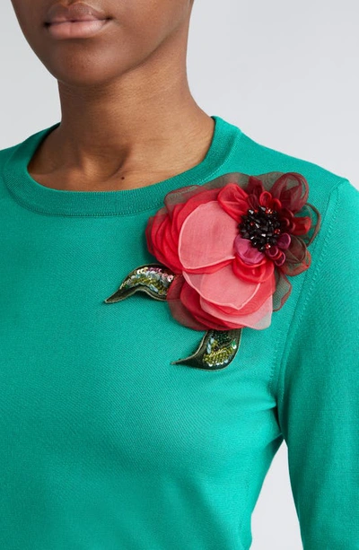 Shop Dolce & Gabbana Rose Detail Silk Crewneck Sweater In Verde Intenso