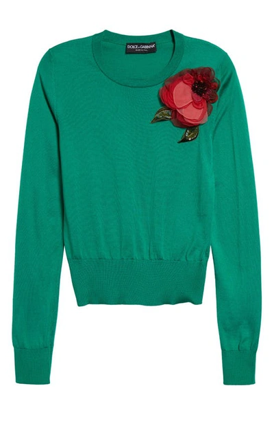 Shop Dolce & Gabbana Rose Detail Silk Crewneck Sweater In Verde Intenso