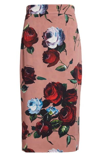 Shop Dolce & Gabbana Rose Print Charmeuse Pencil Skirt In Rose Vintage