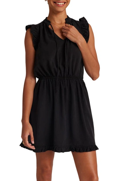 Shop Bella Dahl Ruffle Cap Sleeve Split Neck Minidress In Vintage Black