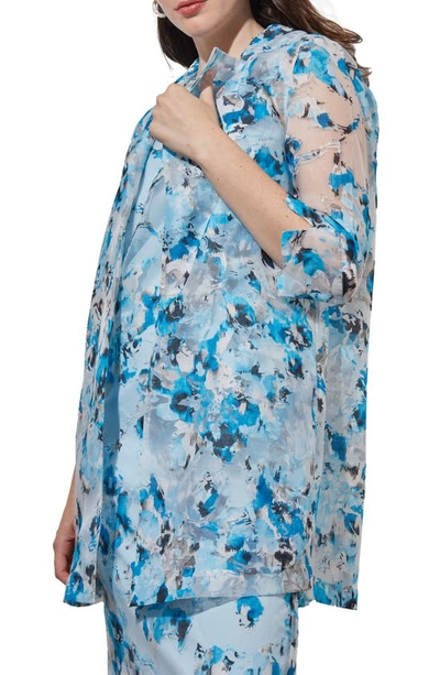 Shop Ming Wang Floral Sheer Open Front Elbow Sleeve Jacket In Dew Blue/ Multi
