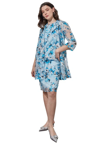 Shop Ming Wang Floral Sheer Open Front Elbow Sleeve Jacket In Dew Blue/ Multi