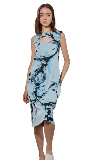 Shop Ming Wang Cutout Abstract Jacquard Knit A-line Dress In Haze/ D Blue/ Bk
