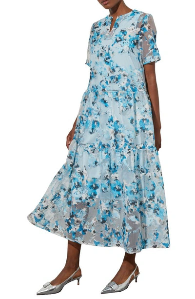 Shop Ming Wang Tiered A-line Maxi Dress In Dew Blue/ Mul