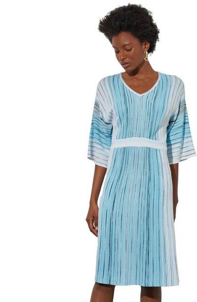 Shop Ming Wang Stripe A-line Midi Sweater Dress In Dew Blue/ Multi